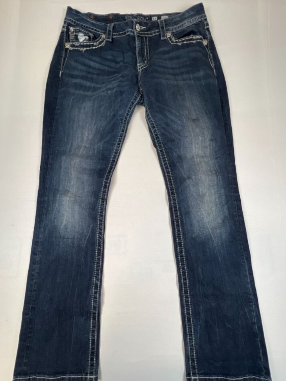 Miss Me Womens Size 32 Easy Straight Mid Rise Blue Denim Embroidered Flap Jeans